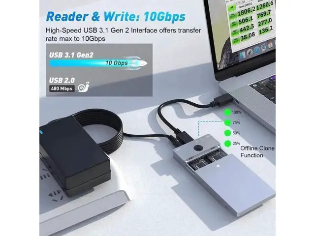 Alt view image 6 of 7 - Dual-Bay M.2 NVMe SSD Docking Station with Offline Clone Duplicator, 10Gbps USB-C & USB-A Interface, M-Key NVMe Enclosure Supports 2230/2242/2260/2280 SSDs Up to 8TB Per Slot