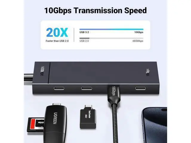 Alt view image 6 of 7 - UGREEN 4-Port USB-C Data Hub, 10Gbps USB 3.2 Gen2 Multiport Adapter, 0.3ft Short Cable, Plug & Play, Data Only, Compatible with MacBook Pro/Air, iPad Pro, iPad mini 6, iPhone 15 Series