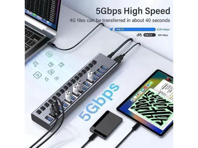 Alt view image 2 of 7 - 16-Port Powered USB 3.0 Hub with Individual Switches, 90W 12V7.5A Power Adapter for Laptop & Desktop