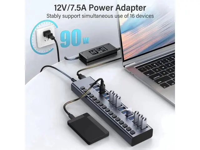 Alt view image 6 of 7 - 16-Port Powered USB 3.0 Hub with Individual Switches, 90W 12V7.5A Power Adapter for Laptop & Desktop