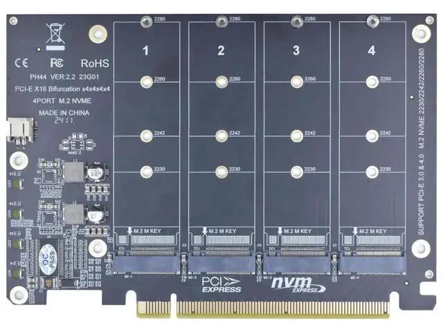 Alt view image 2 of 7 - PCIe 4.0 x16 M.2 Expansion Card, 4-Port M-Key NVMe SSD Adapter Supports 2280/2260/2242/2230 Drives