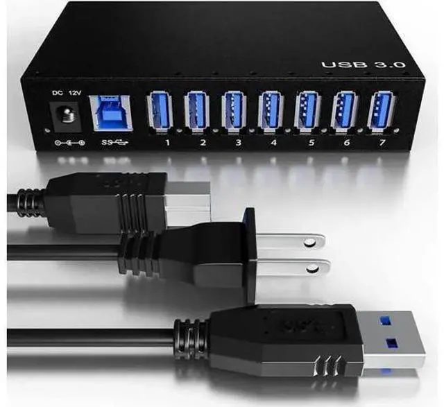 Main image of 7-Port Aluminum Powered USB 3.0 Hub, 36W 12V3A Adapter for HDD Laptop Game Console