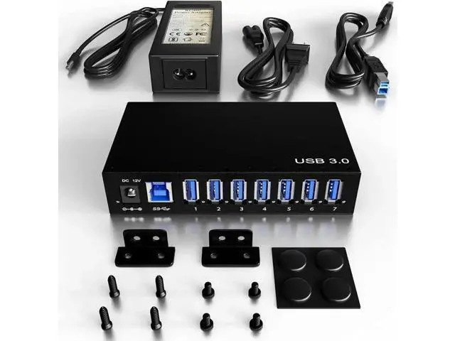 Alt view image 2 of 7 - 7-Port Aluminum Powered USB 3.0 Hub, 36W 12V3A Adapter for HDD Laptop Game Console