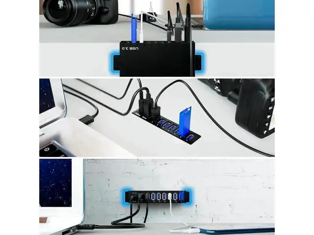 Alt view image 3 of 7 - 7-Port Aluminum Powered USB 3.0 Hub, 36W 12V3A Adapter for HDD Laptop Game Console
