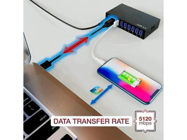 Alt view image 5 of 7 - 7-Port Aluminum Powered USB 3.0 Hub, 36W 12V3A Adapter for HDD Laptop Game Console