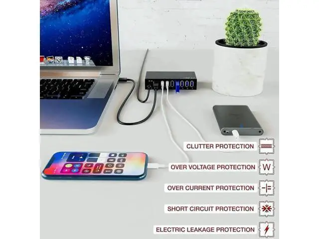 Alt view image 6 of 7 - 7-Port Aluminum Powered USB 3.0 Hub, 36W 12V3A Adapter for HDD Laptop Game Console