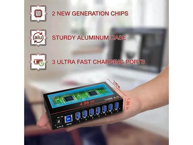 Alt view image 7 of 7 - 7-Port Aluminum Powered USB 3.0 Hub, 36W 12V3A Adapter for HDD Laptop Game Console
