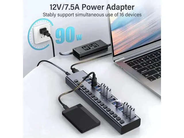 Alt view image 2 of 7 - 16-Port Powered USB 3.0 Hub with Independent Switches, 90W 12V7.5A Power Supply for Mac & Windows PC
