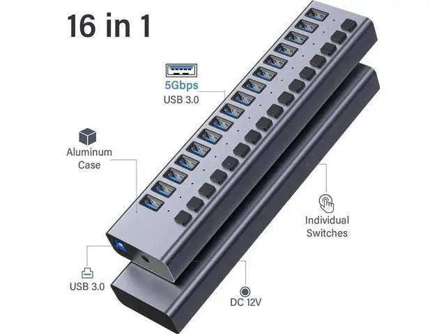 Alt view image 3 of 7 - 16-Port Powered USB 3.0 Hub with Independent Switches, 90W 12V7.5A Power Supply for Mac & Windows PC