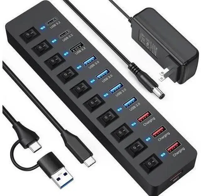 Main image of 11-Port Powered USB 3.2 Multiport Expander with Independent Switches, 3×10Gbps USB-C/USB-A 3.2 Gen2 + 4×5Gbps USB3.0 + 4 Smart Charging Ports, 12V Power Adapter for Laptops, PC, Phones & External SSDs