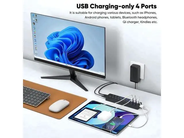 Alt view image 2 of 7 - 11-Port Powered USB 3.2 Multiport Expander with Independent Switches, 3×10Gbps USB-C/USB-A 3.2 Gen2 + 4×5Gbps USB3.0 + 4 Smart Charging Ports, 12V Power Adapter for Laptops, PC, Phones & External SSDs