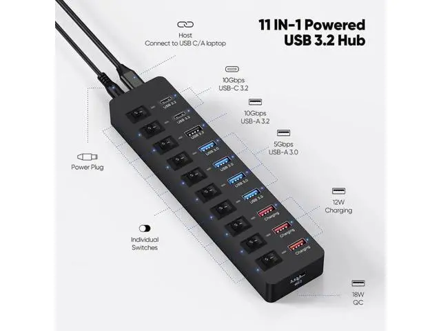 Alt view image 4 of 7 - 11-Port Powered USB 3.2 Multiport Expander with Independent Switches, 3×10Gbps USB-C/USB-A 3.2 Gen2 + 4×5Gbps USB3.0 + 4 Smart Charging Ports, 12V Power Adapter for Laptops, PC, Phones & External SSDs