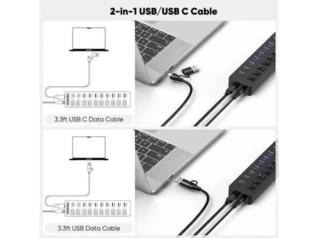 Alt view image 3 of 7 - 11-Port Powered USB 3.2 Multiport Expander with Independent Switches, 3×10Gbps USB-C/USB-A 3.2 Gen2 + 4×5Gbps USB3.0 + 4 Smart Charging Ports, 12V Power Adapter for Laptops, PC, Phones & External SSDs