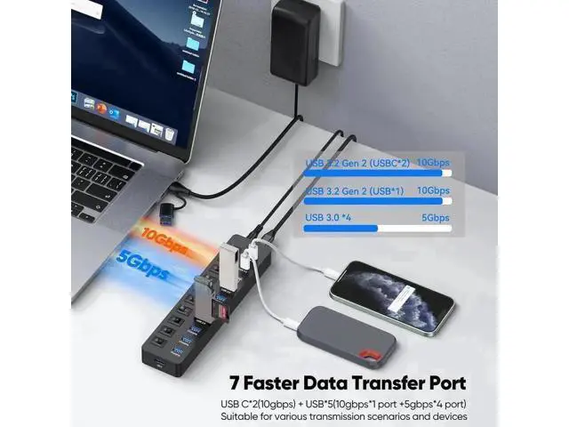 Alt view image 7 of 7 - 11-Port Powered USB 3.2 Multiport Expander with Independent Switches, 3×10Gbps USB-C/USB-A 3.2 Gen2 + 4×5Gbps USB3.0 + 4 Smart Charging Ports, 12V Power Adapter for Laptops, PC, Phones & External SSDs