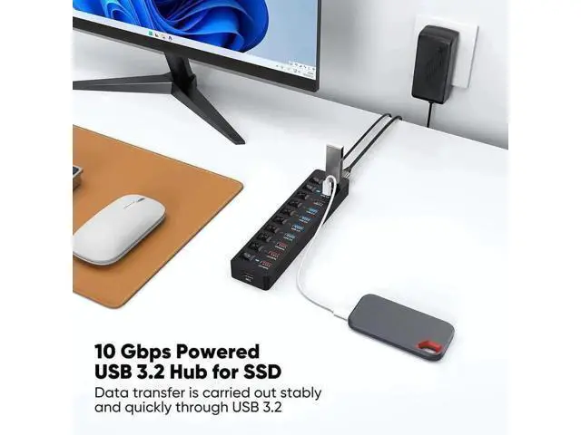 Alt view image 6 of 7 - 11-Port Powered USB 3.2 Multiport Expander with Independent Switches, 3×10Gbps USB-C/USB-A 3.2 Gen2 + 4×5Gbps USB3.0 + 4 Smart Charging Ports, 12V Power Adapter for Laptops, PC, Phones & External SSDs