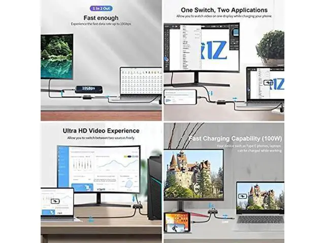Alt view image 5 of 6 - USB-C Bi-Directional MST Switch Hub 1 In 2 Out, 8K@30Hz Video, 10Gbps Data Transfer, 100W PD Charging, Type-C Splitter for Laptop Monitor Docking