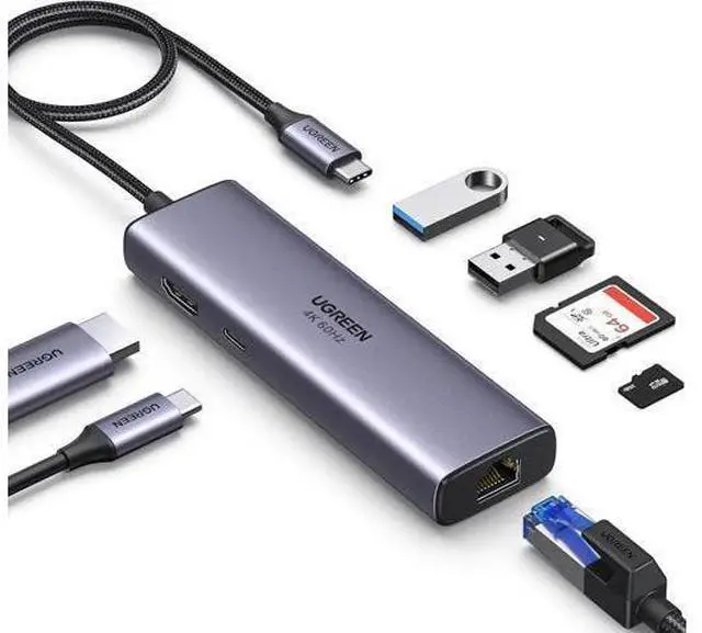 Main image of UGREEN Revodok 7 in 1 USB C Multiport Hub with Gigabit Ethernet, 4K@60Hz HDMI, 100W PD Pass-Through Charging, USB-A Data Ports & SD/TF Card Reader, Compatible with MacBook M1/M2/M3, iPad, iPhone 15 Pr
