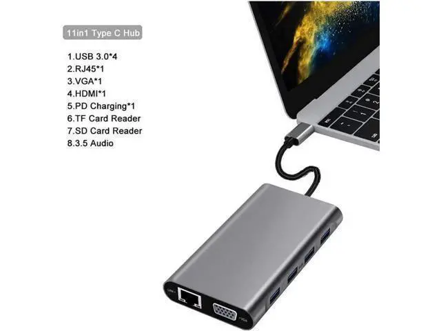 Alt view image 4 of 7 - 11-in-1 Multiport USB C Hub Docking Station, USB C Adapter with Gigabit Ethernet, 4K HDMI, VGA, 100W PD Charging, SD/TF Card Reader, 4×USB3.0, 3.5mm Audio Mic Jack, Compatible with MacBook, Chromebook