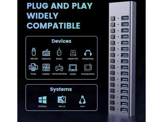 Alt view image 3 of 7 - 16-Port Powered USB 3.0 Hub with Individual LED Switches, Data & Charging Hub for Mac & PC