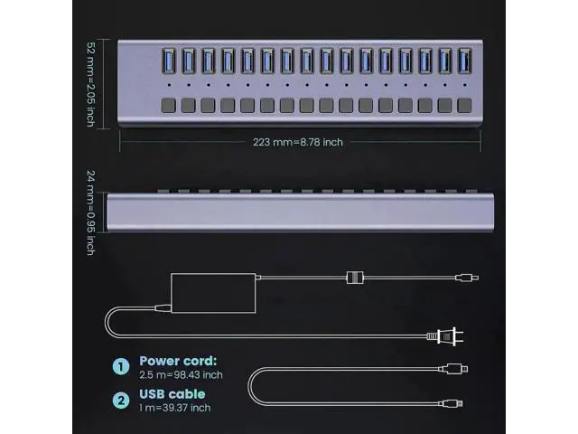 Alt view image 6 of 7 - 16-Port Powered USB 3.0 Hub with Individual LED Switches, Data & Charging Hub for Mac & PC