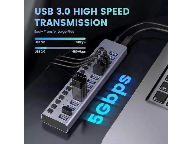 Alt view image 7 of 7 - 16-Port Powered USB 3.0 Hub with Individual LED Switches, Data & Charging Hub for Mac & PC
