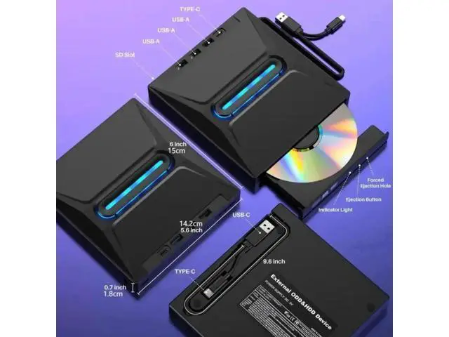 Alt view image 5 of 7 - 6-in-1 External CD DVD Drive, Ultra Slim Portable USB3.0 & Type-C CD/DVD +/-RW Burner with SD Card Reader Hub, Compatible with Laptop PC Windows Linux MacOS