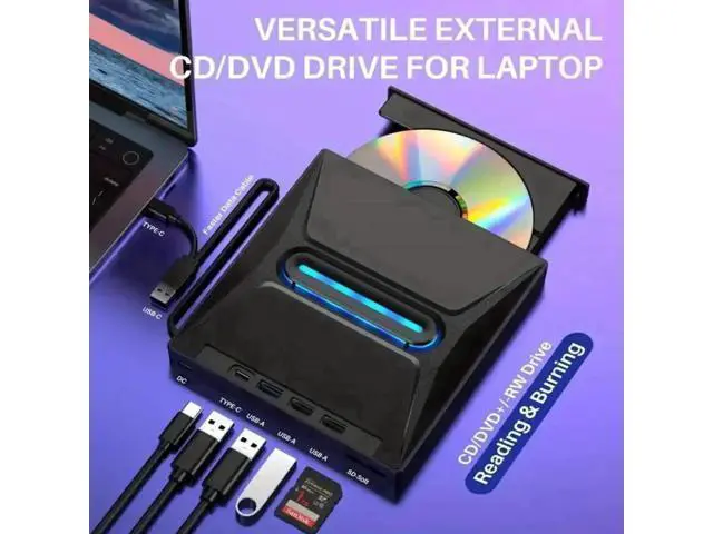 Alt view image 7 of 7 - 6-in-1 External CD DVD Drive, Ultra Slim Portable USB3.0 & Type-C CD/DVD +/-RW Burner with SD Card Reader Hub, Compatible with Laptop PC Windows Linux MacOS