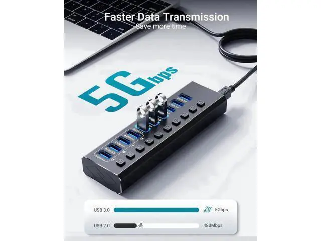 Alt view image 5 of 7 - 14-Port Powered USB 3.0 Hub Aluminum Housing, 10 USB 3.0 Data Ports + 4 Smart Charging Ports, Individual On/Off Switches with LED Indicators, Powered USB Splitter with Power Adapter for Laptops & Desk