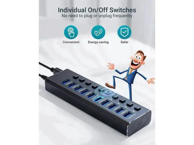 Alt view image 6 of 7 - 14-Port Powered USB 3.0 Hub Aluminum Housing, 10 USB 3.0 Data Ports + 4 Smart Charging Ports, Individual On/Off Switches with LED Indicators, Powered USB Splitter with Power Adapter for Laptops & Desk