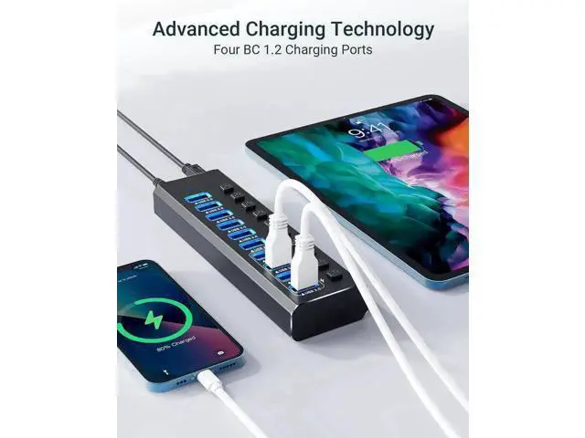 Alt view image 7 of 7 - 14-Port Powered USB 3.0 Hub Aluminum Housing, 10 USB 3.0 Data Ports + 4 Smart Charging Ports, Individual On/Off Switches with LED Indicators, Powered USB Splitter with Power Adapter for Laptops & Desk
