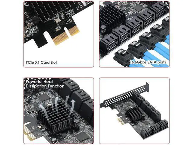 Alt view image 3 of 7 - 16 Port PCIe SATA 3.0 Expansion Controller Card, 6Gbps AHCI SATA Adapter Card Bootable as System Drive, ASM1064 + JMB575 Chipset, Compatible with PCIe X1/X4/X8/X16 Slots, Non-Hardware RAID