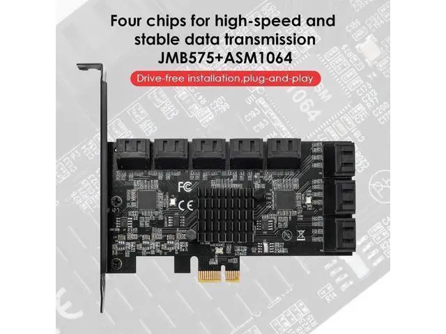 Alt view image 5 of 7 - 16 Port PCIe SATA 3.0 Expansion Controller Card, 6Gbps AHCI SATA Adapter Card Bootable as System Drive, ASM1064 + JMB575 Chipset, Compatible with PCIe X1/X4/X8/X16 Slots, Non-Hardware RAID