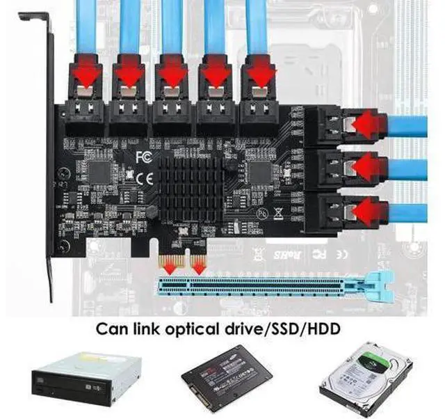 Alt view image 4 of 7 - 16 Port PCIe SATA 3.0 Expansion Controller Card, 6Gbps AHCI SATA Adapter Card Bootable as System Drive, ASM1064 + JMB575 Chipset, Compatible with PCIe X1/X4/X8/X16 Slots, Non-Hardware RAID