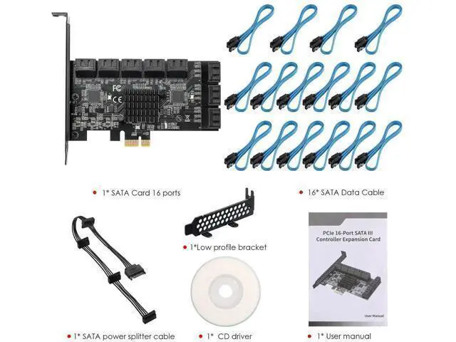 Alt view image 7 of 7 - 16 Port PCIe SATA 3.0 Expansion Controller Card, 6Gbps AHCI SATA Adapter Card Bootable as System Drive, ASM1064 + JMB575 Chipset, Compatible with PCIe X1/X4/X8/X16 Slots, Non-Hardware RAID