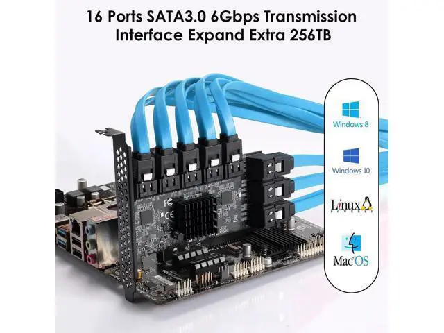 Alt view image 6 of 7 - 16 Port PCIe SATA 3.0 Expansion Controller Card, 6Gbps AHCI SATA Adapter Card Bootable as System Drive, ASM1064 + JMB575 Chipset, Compatible with PCIe X1/X4/X8/X16 Slots, Non-Hardware RAID