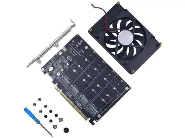 Alt view image 6 of 7 - PCIe 4.0 x16 4-Port M.2 NVMe Expansion Card with Ultra Quiet DC Brushless Cooling Fan, M Key M.2 SSD Adapter Supports 2230/2242/2260/2280 NVMe Drives for Desktop Workstation NAS Storage Upgrade
