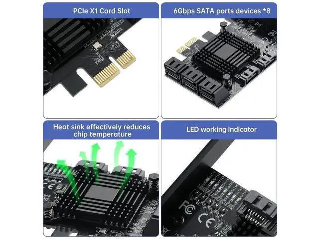 Alt view image 5 of 5 - 8 Port PCIe x1 SATA 3.0 Expansion Card with ASM1064+JMB575 Chips, PCI Express SATA III Controller Adapter, Includes 8 SATA Data Cables & Low Profile Bracket for Desktop HDD SSD NAS