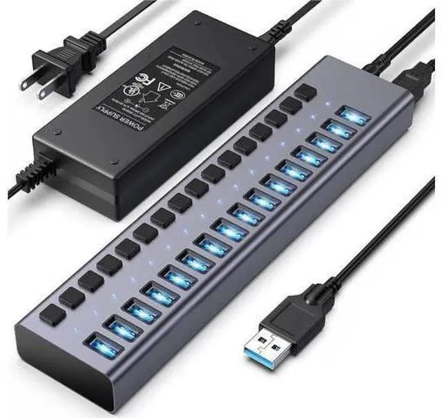 Main image of 16-Port Powered USB 3.0 Hub Splitter with Independent On/Off Switches, Built-in 90W (12V 7.5A) Power Adapter, High Speed Data USB Expansion Hub Compatible with MacBook, Mac Pro/Mini, iMac, Surface Pro