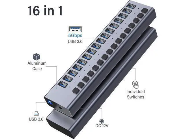 Alt view image 2 of 7 - 16-Port Powered USB 3.0 Hub Splitter with Independent On/Off Switches, Built-in 90W (12V 7.5A) Power Adapter, High Speed Data USB Expansion Hub Compatible with MacBook, Mac Pro/Mini, iMac, Surface Pro