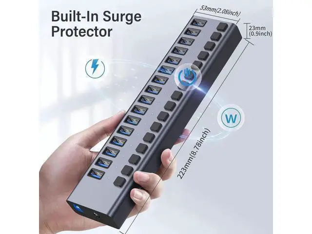 Alt view image 3 of 7 - 16-Port Powered USB 3.0 Hub Splitter with Independent On/Off Switches, Built-in 90W (12V 7.5A) Power Adapter, High Speed Data USB Expansion Hub Compatible with MacBook, Mac Pro/Mini, iMac, Surface Pro