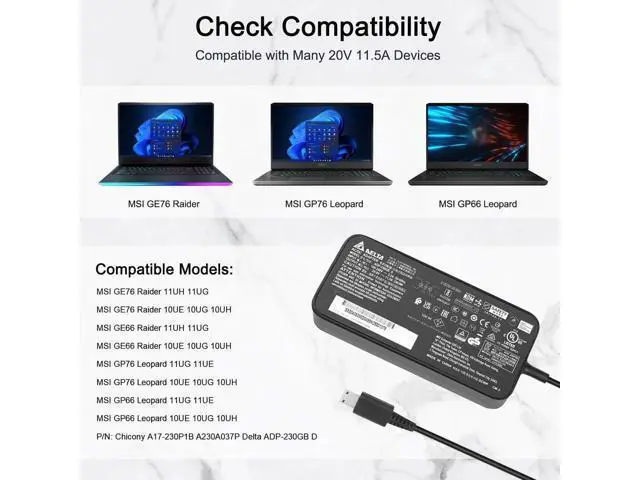 Alt view image 3 of 7 - 230W 240W USB Tip Laptop Charger 20V 11.5A/12A Power Cord Adapter, Replacement for MSI GE76 GE66 Raider GP76 GP66 Leopard Gaming Laptops