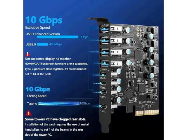 Alt view image 6 of 6 - 10Gbps PCIe USB 3.2 Expansion Card, 8-Port PCI Express Adapter with 4 USB-A & 4 USB-C 3.2 Ports, Desktop PCI-E Add-On Card Supports Windows 7/8/10/XP & Mac OS 10.8.2 and Above