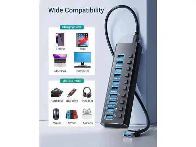 Alt view image 3 of 7 - 14-Port Powered USB 3.0 Hub Aluminum Housing, 10 USB 3.0 Data Ports + 4 Smart Charging Ports, Individual On/Off Switches with LED Indicators, Powered USB Splitter with Power Adapter for Laptops & Desk
