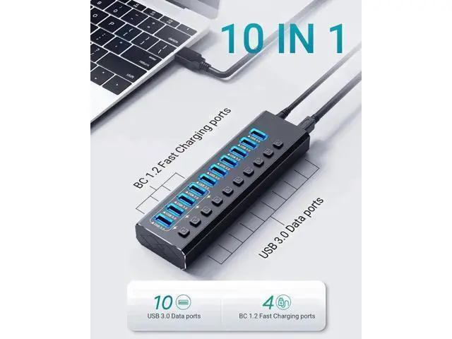 Alt view image 4 of 7 - 14-Port Powered USB 3.0 Hub Aluminum Housing, 10 USB 3.0 Data Ports + 4 Smart Charging Ports, Individual On/Off Switches with LED Indicators, Powered USB Splitter with Power Adapter for Laptops & Desk