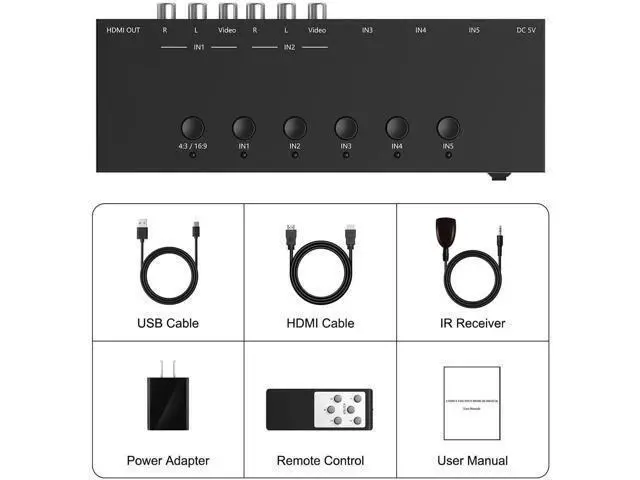 Alt view image 2 of 7 - 2-Way RCA AV to HDMI Converter with 3-Port HDMI 2.0 Switch 2-in-1 Combo Adapter, 4:3/16:9 Aspect Ratio Adjustable for Retro Consoles & Modern Game Players
