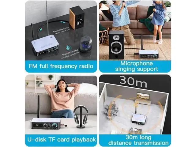 Alt view image 4 of 6 - 4-in-1 Bluetooth 5.1 Audio Transmitter Receiver Adapter, Low Latency Wireless Converter with Optical/AUX/RCA/6.5mm Mic Port, NFC & FM Radio Function for TV, Home Party & KTV