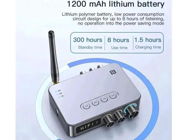 Alt view image 6 of 6 - 4-in-1 Bluetooth 5.1 Audio Transmitter Receiver Adapter, Low Latency Wireless Converter with Optical/AUX/RCA/6.5mm Mic Port, NFC & FM Radio Function for TV, Home Party & KTV