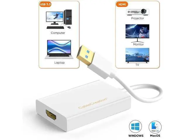 Alt view image 4 of 7 - USB 3.0 to HDMI Adapter with Built-in DisplayLink Chip, External USB Graphics Video Converter, 1080P Full HD Multi-Monitor Extender, White, Compatible with Windows 7/8/8.1/10 & MacOS