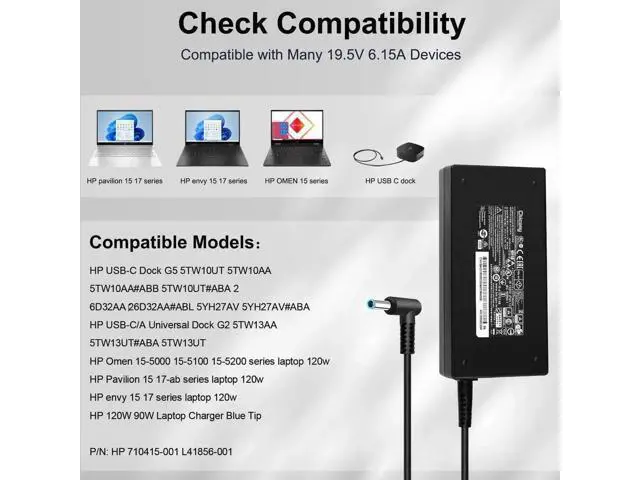 Alt view image 3 of 7 - 120W 19.5V 6.15A AC Charger Replacement PN 710415-001 L41856-001 for HP USB-C Dock G5 5TW10UT, USB-C/A Dock G2 5TW13AA, Omen 15-5000 15-5100 15-5200 Gaming Laptops