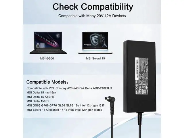 Alt view image 5 of 7 - 240W 20V 12A Laptop AC Charger, 4.5x3.0mm Tip Power Adapter Compatible with MSI Delta 15 A5EFK 15001, GS66 GF66 GF76 GL66 GL76 12U, Sword 15, Crosshair 17 15 R6E Intel 12th Gen Gaming Notebooks
